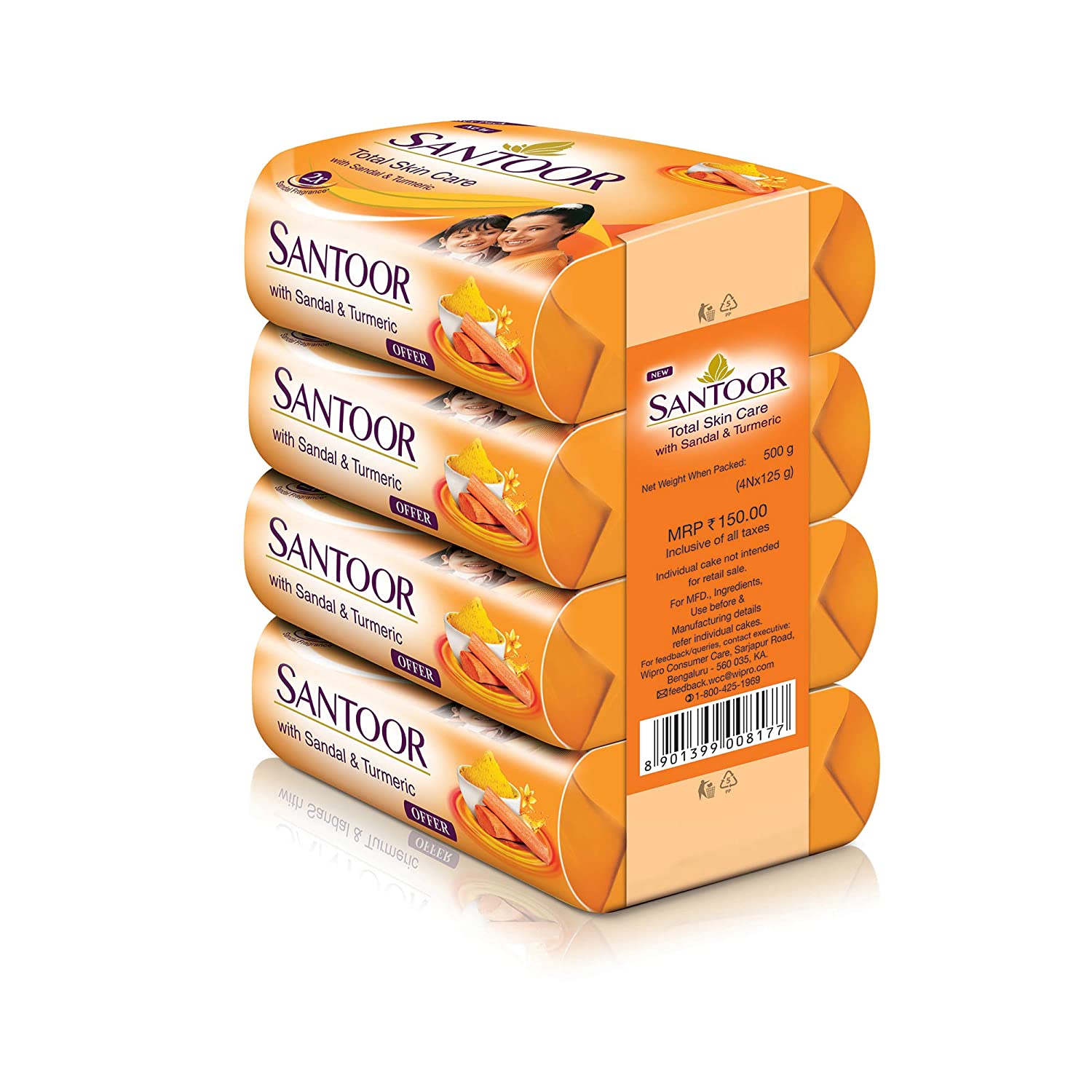 Santoor Sandal and Turmeric Soap (Pack of 4 x 125 Gram)